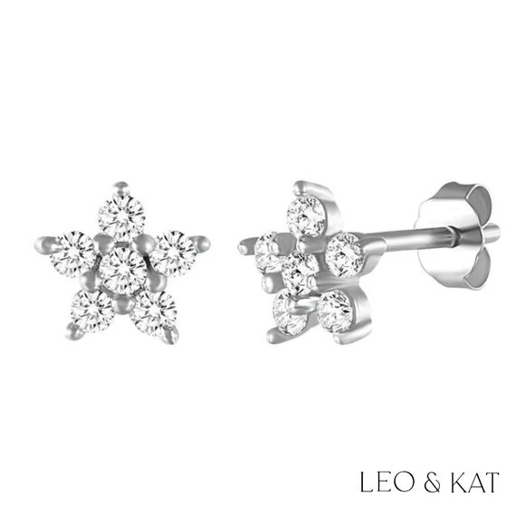 Zircon Star Flower Stud Earrings in Gold & Silver. 925 Sterling Silver. #1075 - Picture 5 of 5